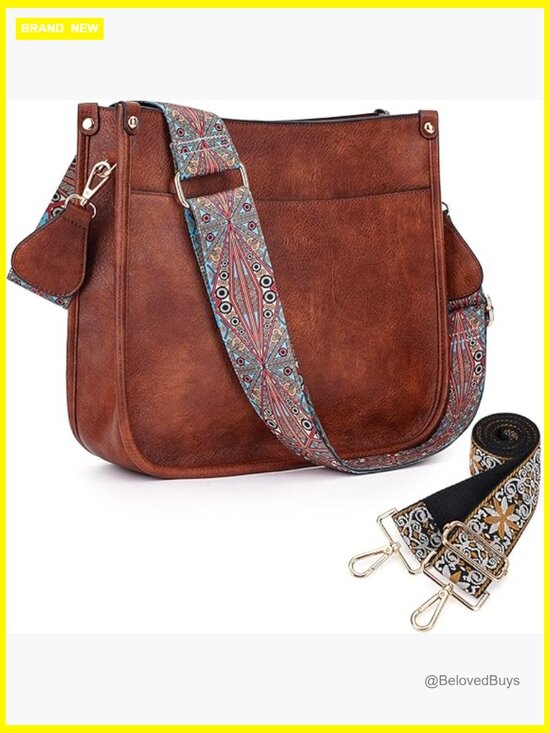 Handbags - Vegan Leather Hobo Crossbody Bag with Adjustable Guitar Strap